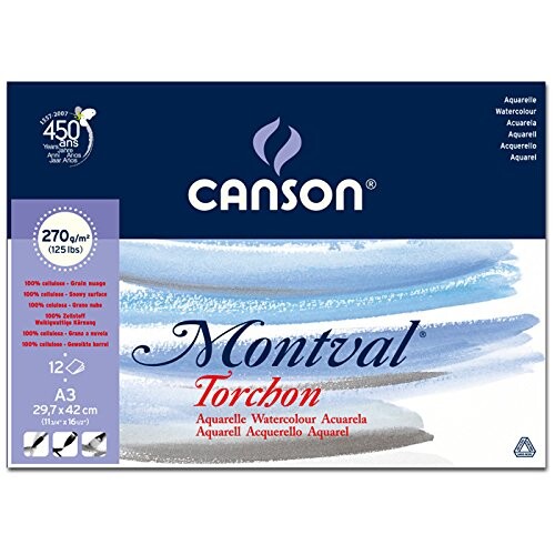 Canson Montval 270gsm watercolour practice paper pad including 12 sheets, size:A3, natural white and Snowy grain texture-0