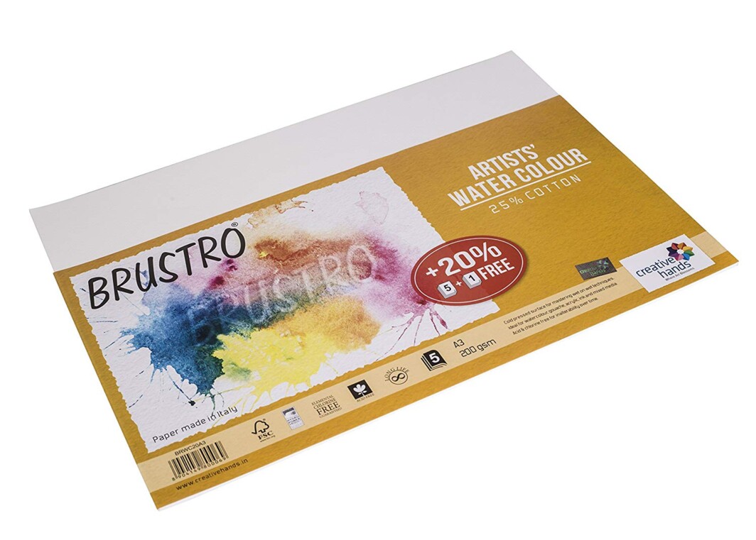 Brustro Artists' Watercolour Paper 200 Gsm A3- 25% Cotton Cp (5+1 Free Sheets)-3696