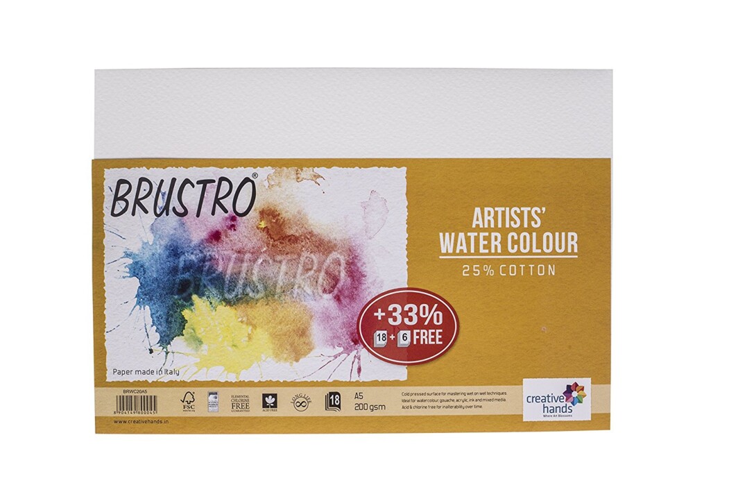 Brustro Artists' Watercolour Paper 200 GSM A5 - 25% cotton CP Packets (Each Packet Contains 18 + 6 Sheets Free) -0