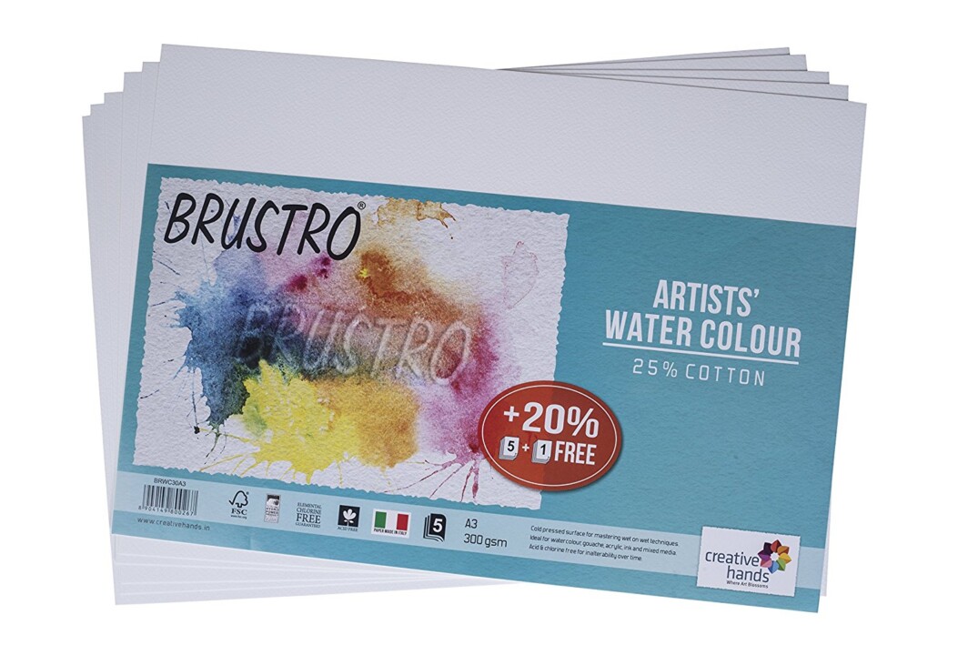 Brustro Artists' Watercolour Paper 300 GSM A3 -25% cotton, (Each Packet Contains 5+1 sheet)-0