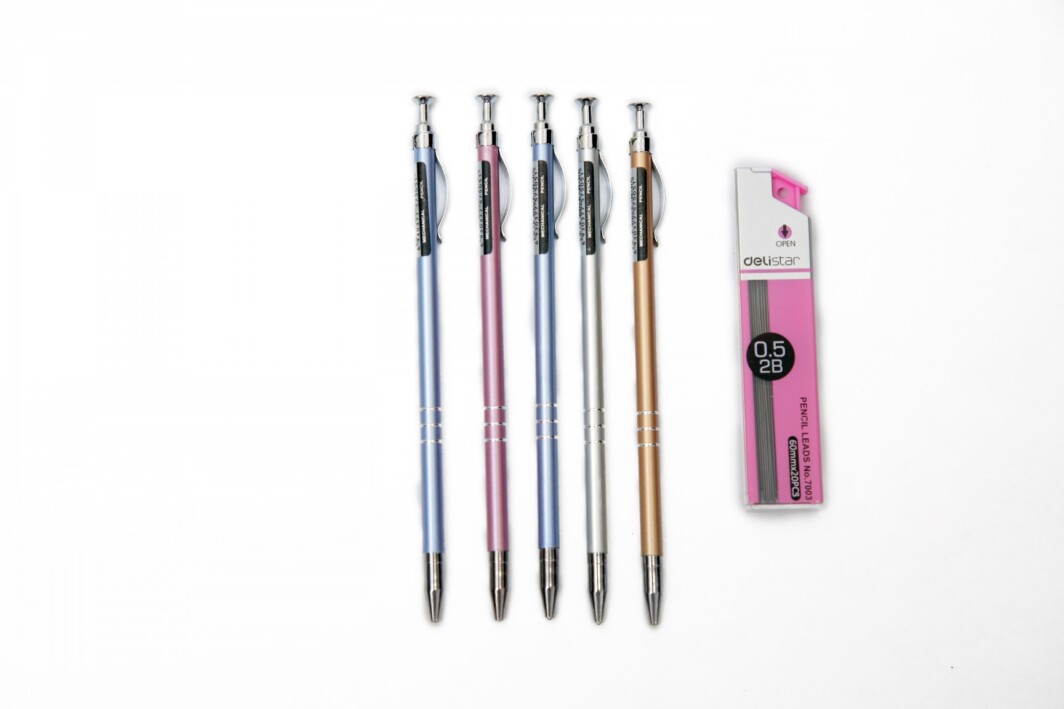ASINT Mini Mechanical Pencil - 0.5 mm set of 4 - Silver, Pink,Yellow,Blue With Pencils lead 0.5mm one box & Clutch Eraser pen (OZ-505)-0