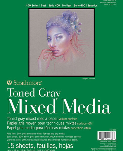 Strathmore 462-309 400 Series Toned Gray Mixed Media Pad, 9"x12" Glue Bound, 15 Sheets per Pad-0