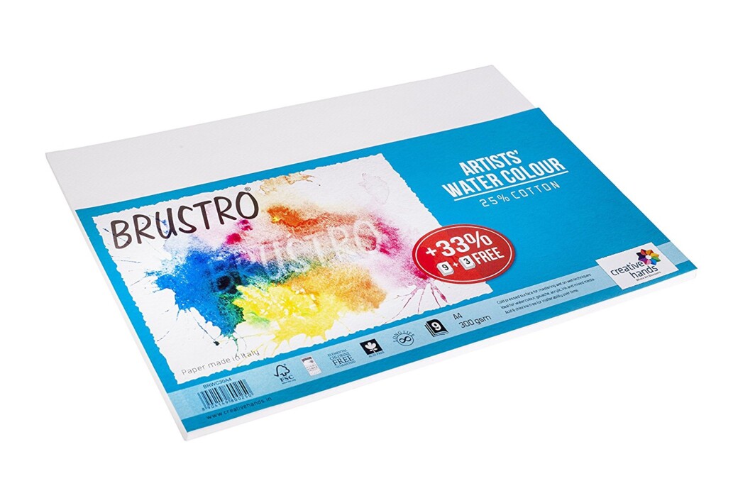 Brustro Artists' Watercolour Paper 300 GSM A4-25% cotton, Cold Pressed, 2 Packets (Each Packet Contains 9 + 3 Sheets Free)-3697