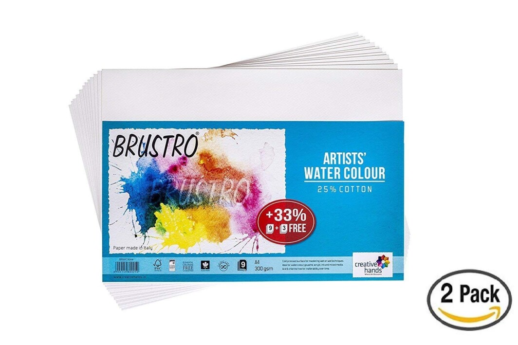 Brustro Artists' Watercolour Paper 300 GSM A4-25% cotton, Cold Pressed, 2 Packets (Each Packet Contains 9 + 3 Sheets Free)-0