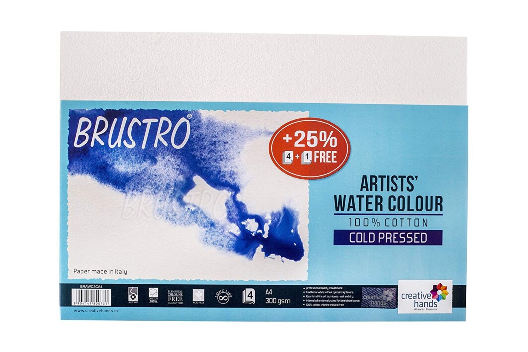 Brustro 100% Cotton Artists' Watercolour Paper 300 GSM A4 Cold Pressed ( 5+1 Free Sheet)-0