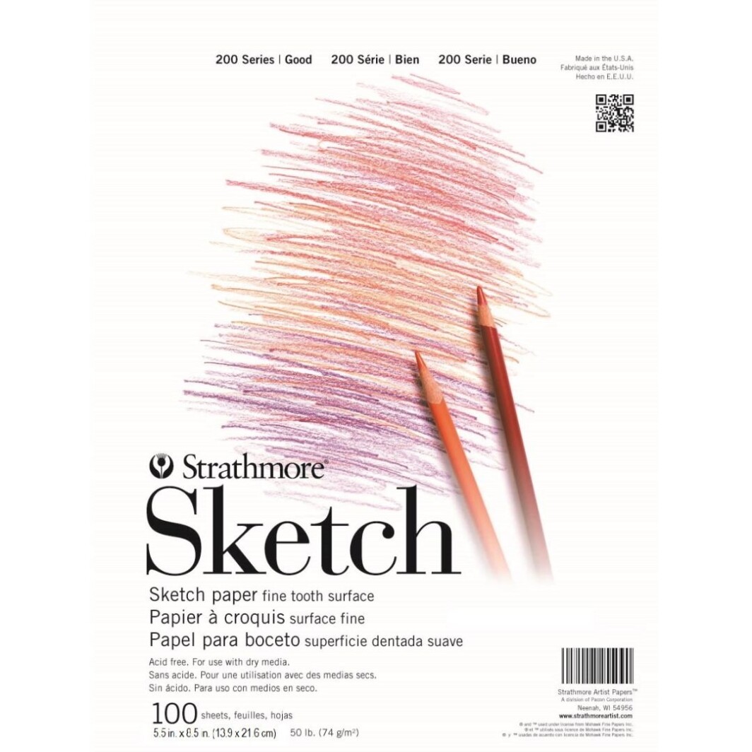 Strathmore 200 Series Sketch 5.5''x8.5'' White Fine Tooth 74 GSM Paper, Short-Side Tape Bound Pad of 100 Sheets-0