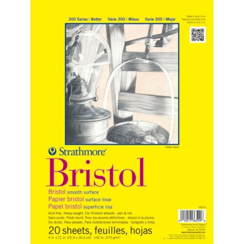Strathmore 300 Series Bristol Smooth 9''x12'' Extra White Smooth 270 GSM Paper, Short-Side Tape Bound Pad of 20 Sheets-0