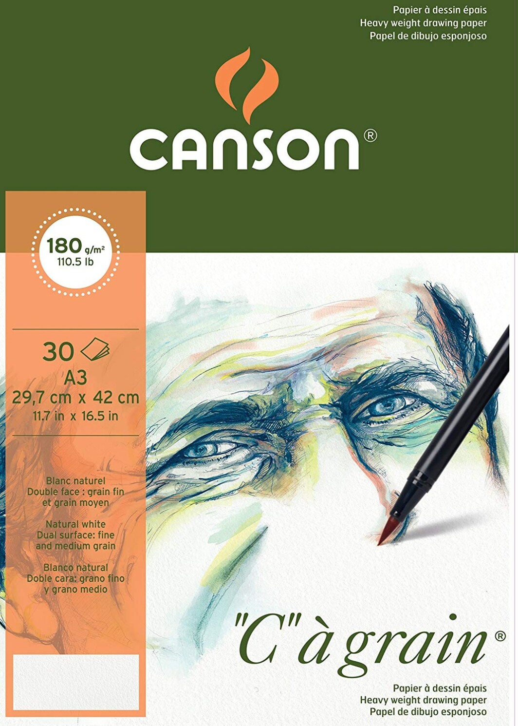 Canson C a Grain 180gsm Heavyweight drawing paper, fine grain texture, A3 pad including 30 sheets 29.7 x 42 cm-0