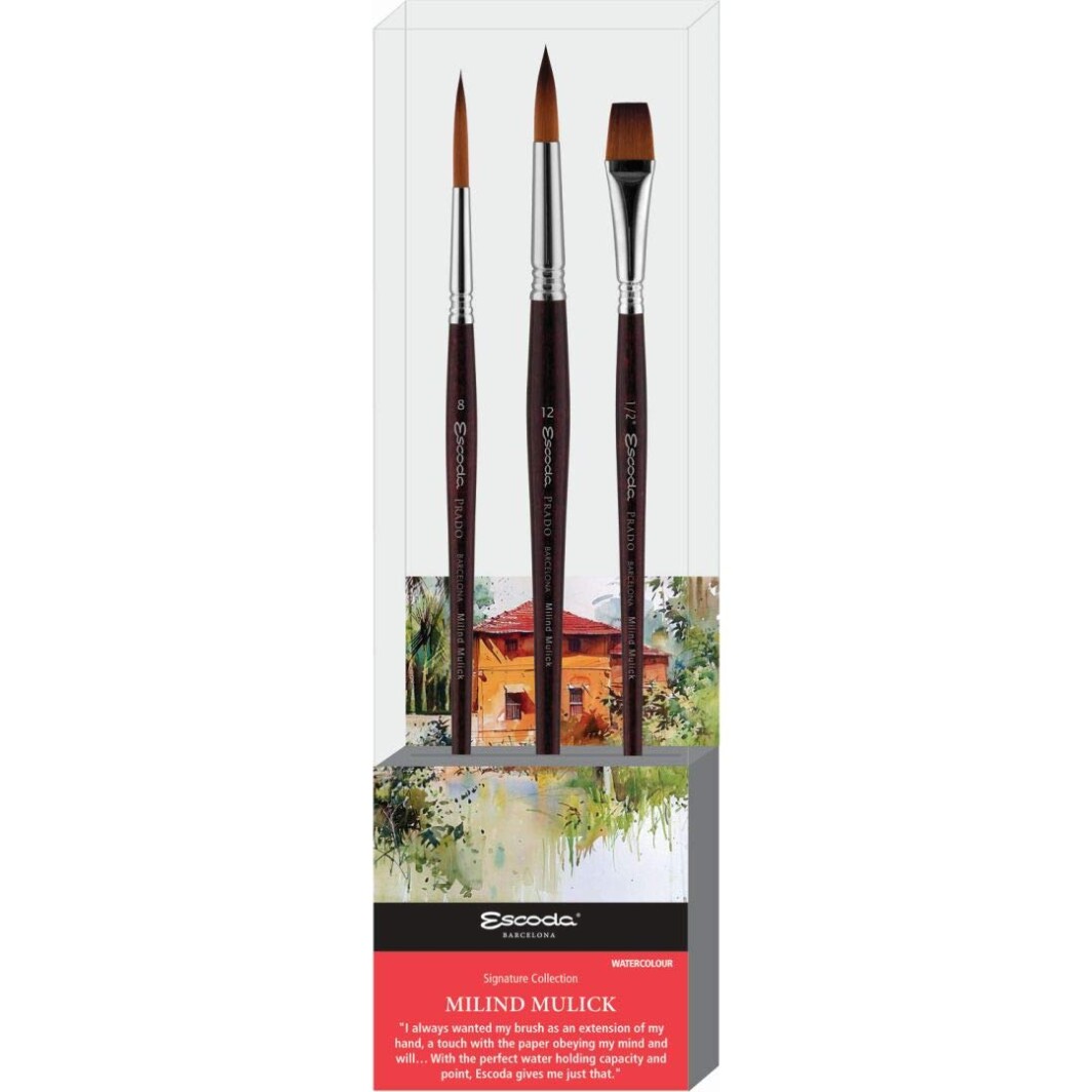Escoda Signature Collection Brush Set – Milind Mulick - Set 1 - Prado – Flat Size 1/2 “– Round Pointed Size 12 – Round Rigger Size 8-0