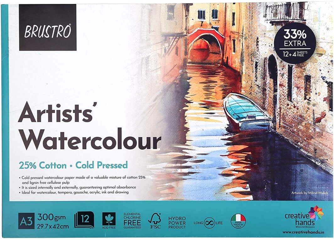 BRUSTRO Artist Wiro Watercolour Pad Cold Pressed 300 GSM 25% Cotton A3 - (15 Sheets)-0