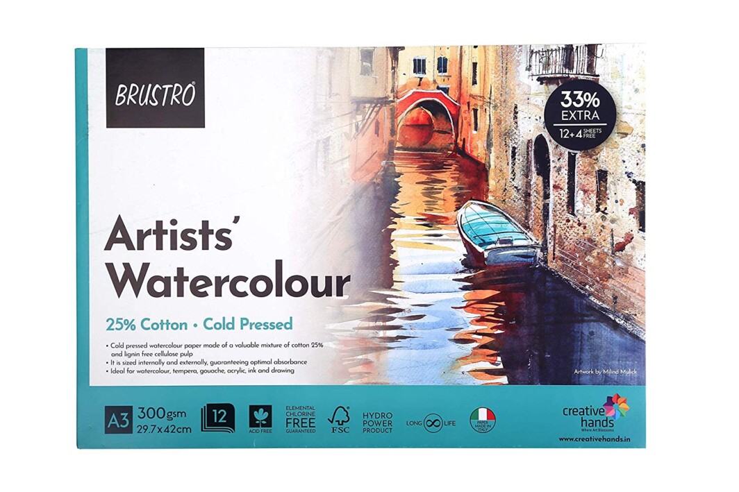 BRUSTRO Artist Watercolour Pad Cold Pressed 300 GSM 25% Cotton A3 - (12 + 4 Free Sheets)-0