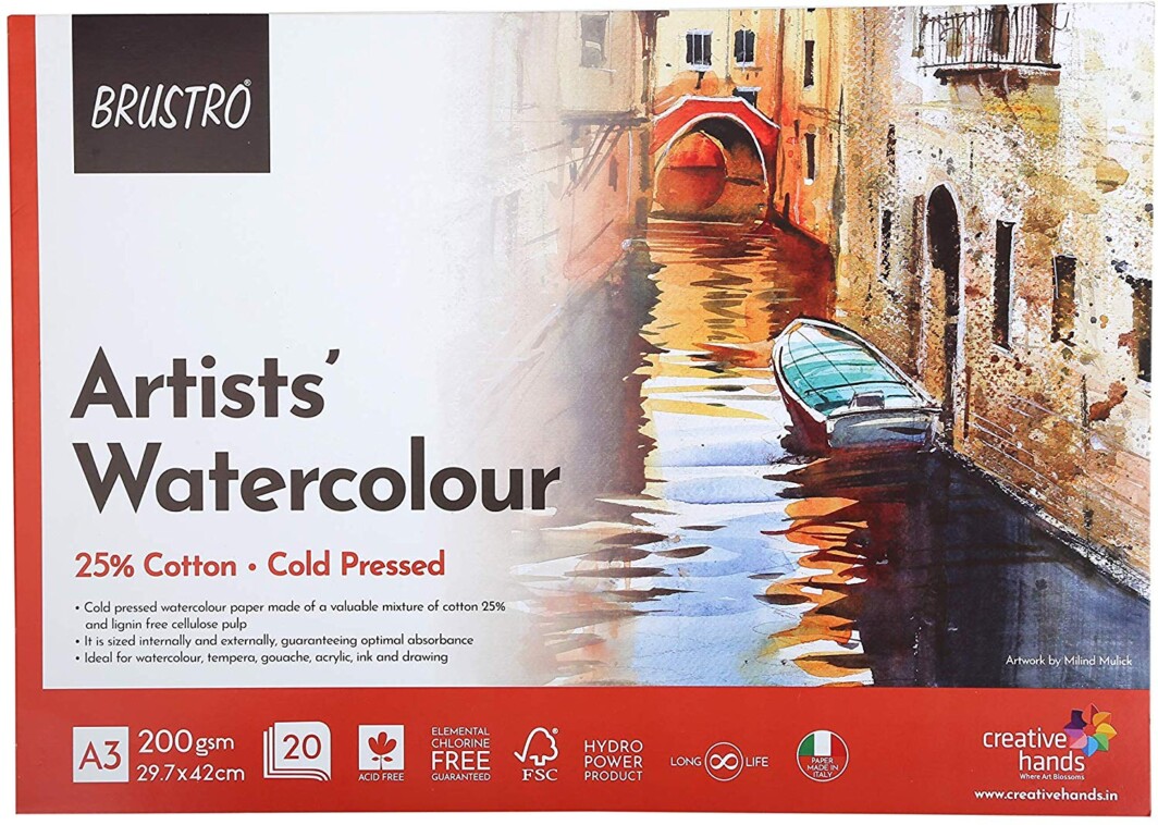 BRUSTRO Artist 25% Cotton Watercolour Glued Pad Cold Pressed 200 GSM A3-20 Sheets-0