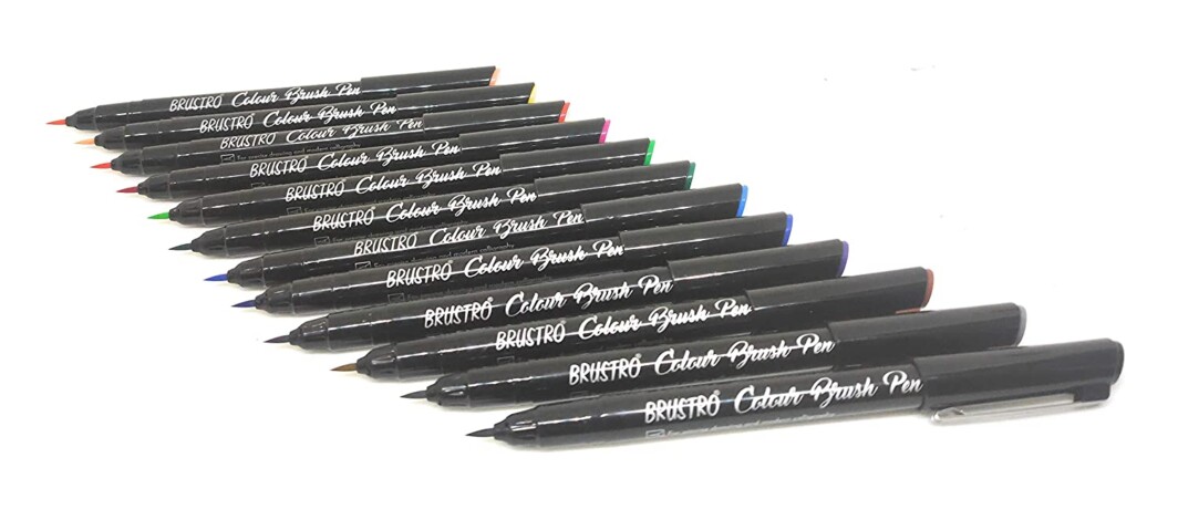 BRUSTRO Colour Brush Pens Set of 12 (Pigment based, Hard tip brush pen) Flexible tip for lettering and drawing techniques.-6308