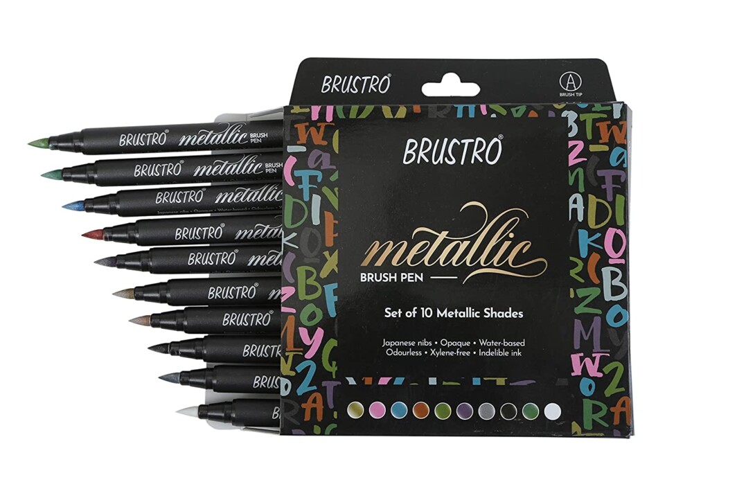 BRUSTRO Metallic Brush Pens - Soft Brush Tip for Calligraphy, Hand Lettering, Colouring, Scrapbooking, Card Making - Set of 10 Colors.-0