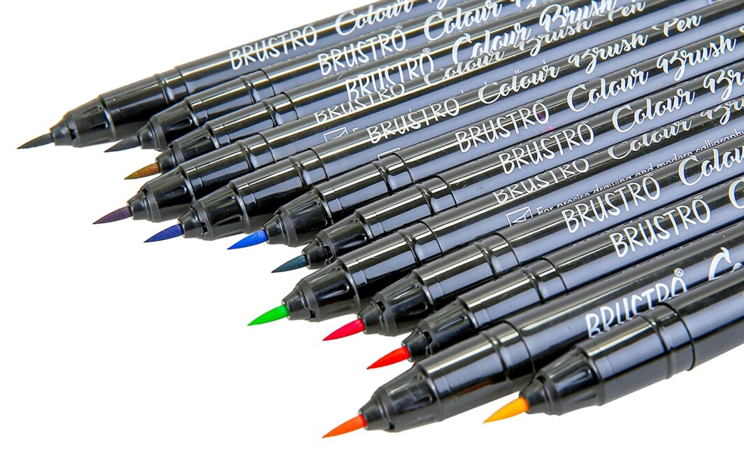 BRUSTRO Colour Brush Pens Set of 12 (Pigment based, Hard tip brush pen) Flexible tip for lettering and drawing techniques.-6311