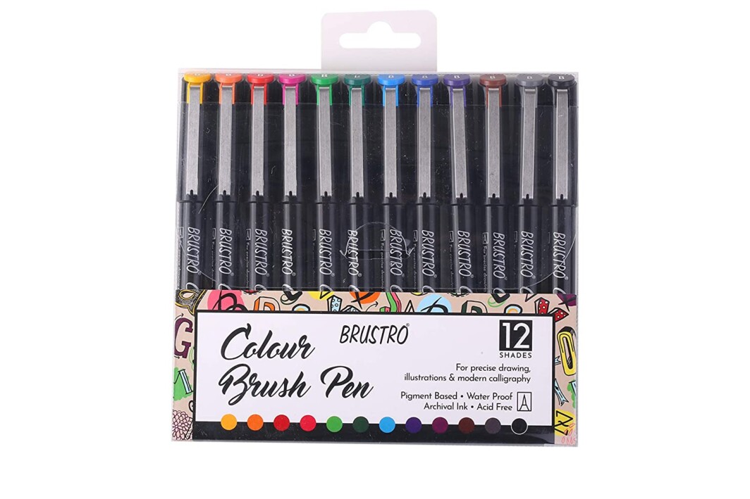 BRUSTRO Colour Brush Pens Set of 12 (Pigment based, Hard tip brush pen) Flexible tip for lettering and drawing techniques.-0