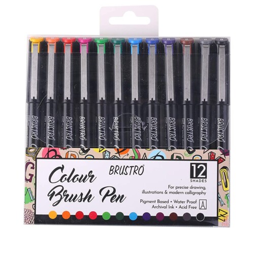 BRUSTRO Colour Brush Pens Set of 12 (Pigment based, Hard tip brush pen) Flexible tip for lettering and drawing techniques.-0