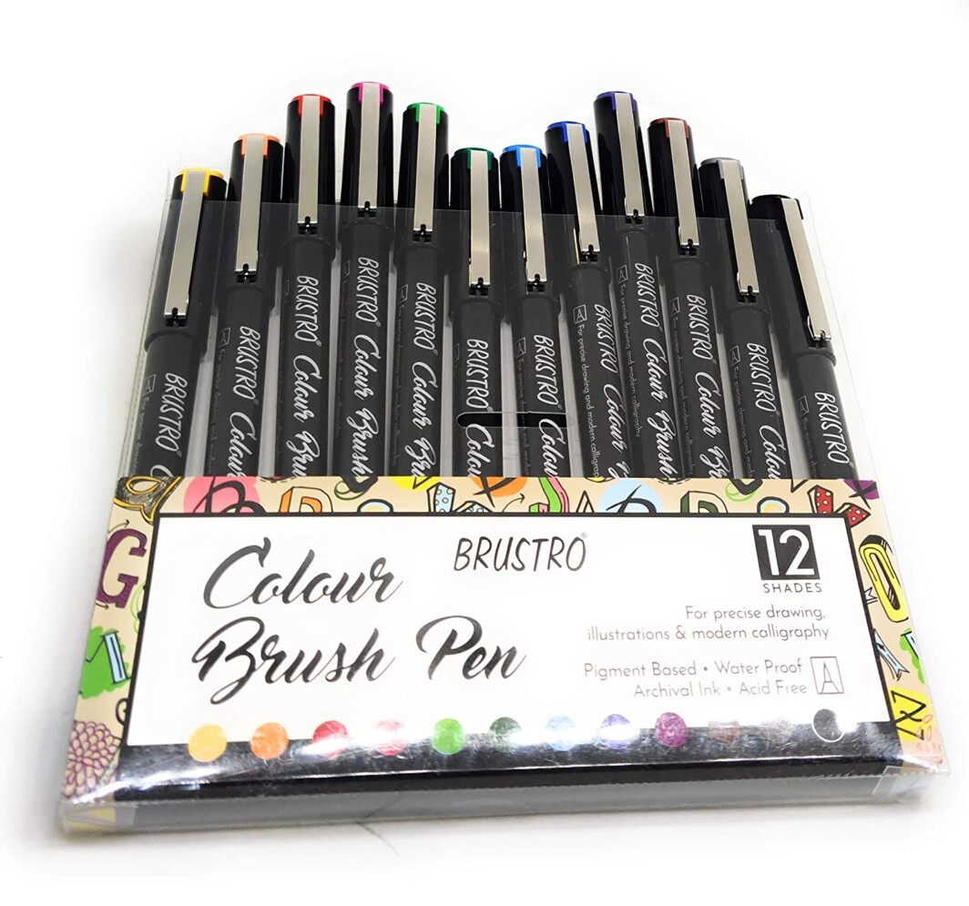 BRUSTRO Colour Brush Pens Set of 12 (Pigment based, Hard tip brush pen) Flexible tip for lettering and drawing techniques.-6312