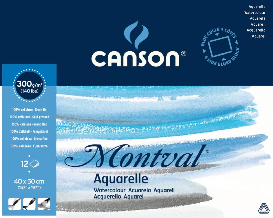 Canson Montval 40x50cm Natural White Cold Pressed 300 GSM Watercolour Paper, Glued on 4 Sides (Block of 12 Sheets)-0