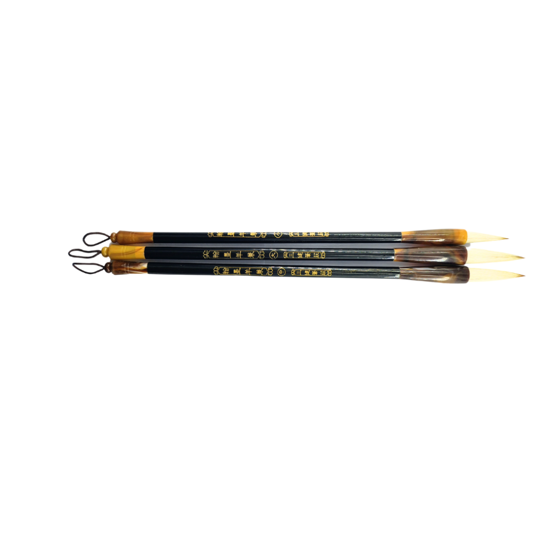 Chinese Mop Brush (Black Handle, Brown ferrule, White Hair) Set for Calligraphy & Watercolors
