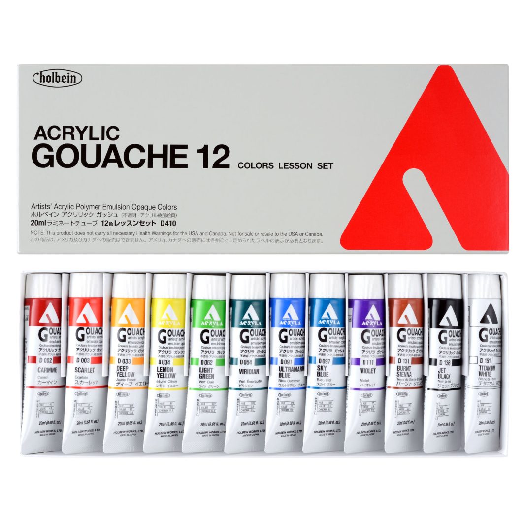 Holbein Artist Acrylic Gouache (Lesson) Color Set of 12 x 20ml (D410)