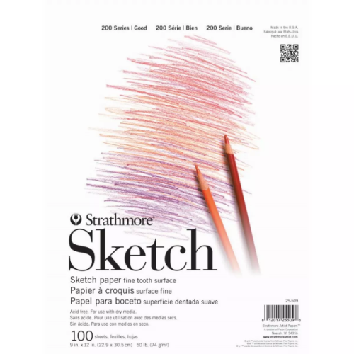 Strathmore 200 Series Sketch 9''x12'' White Fine Tooth 74 GSM Paper, Short-Side Tape Bound Pad of 100 Sheets