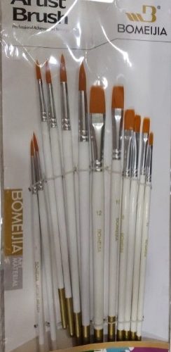 Bomega Artist Watercolour Round & Flat Brush white handle Set of 12 Pcs